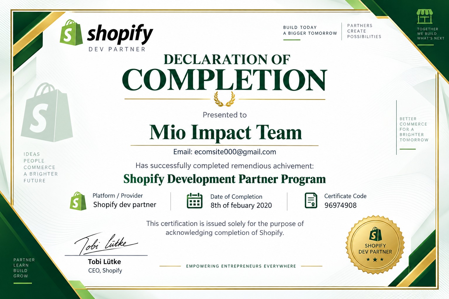 Shopify Development Partner Certificate